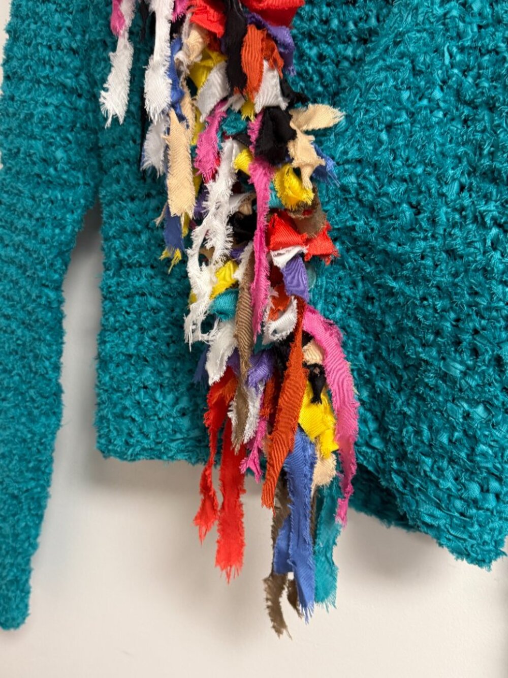 Vintage 80s Teal Multicolor Stretch Knit Unique Artsy Cardigan Sweater S/M - Picture 5 of 10